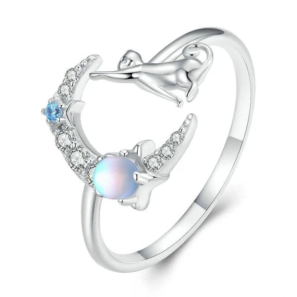 [SHINY]Cat and Moon Cute Animal Opening Ring Moonstone Adjustable Ring
