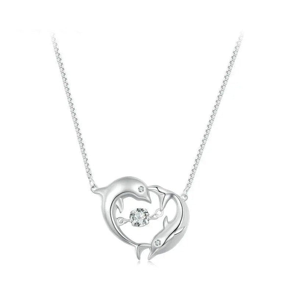 [SHINY]Double Dolphins Necklace Shiny Zircon Love Neck Chain